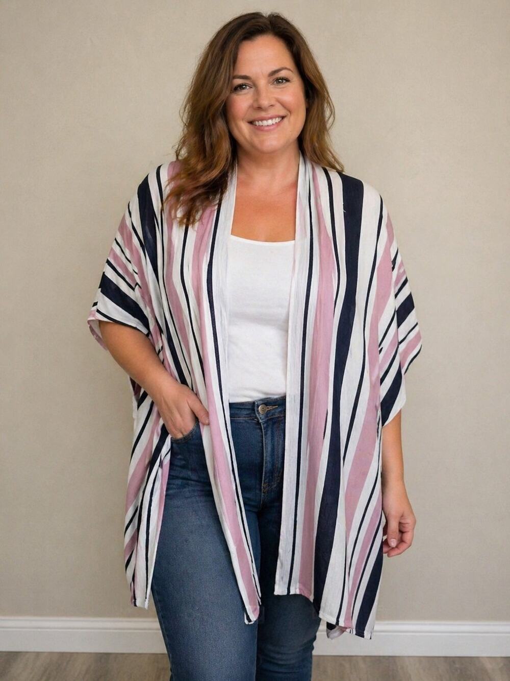 Striped Very J Women's Open Front Flowy Kimono Pink and Blue Size S/M Beach